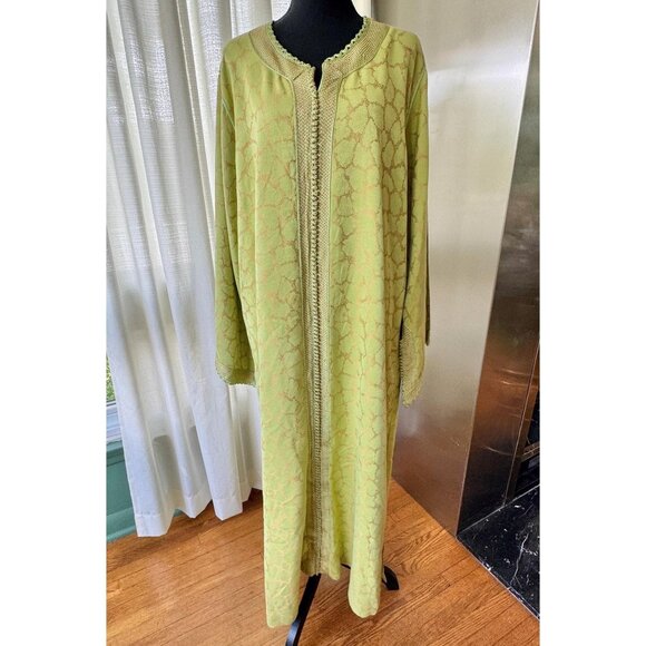 Vintage 70s caftan, chartreuse with golden bronze abstract, traditional robe - Picture 3 of 10